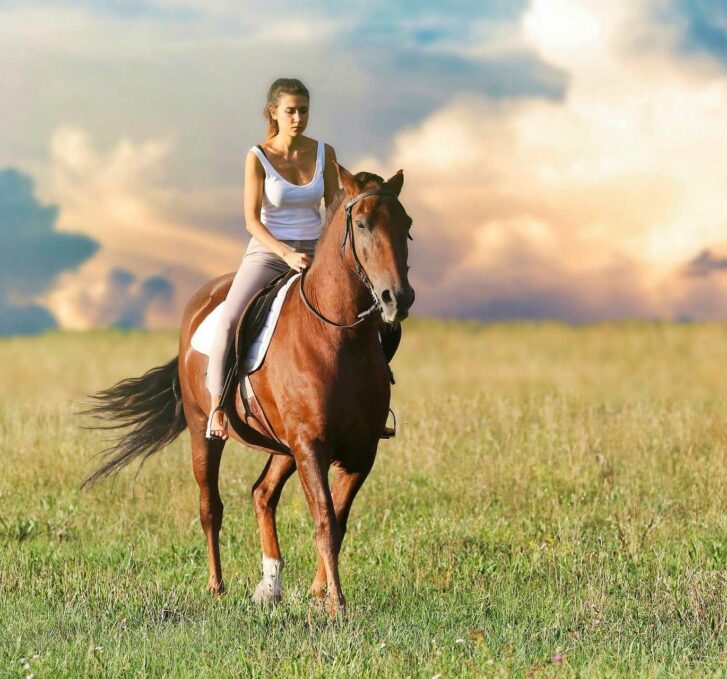 אישה דוהרת על סוס בשדה