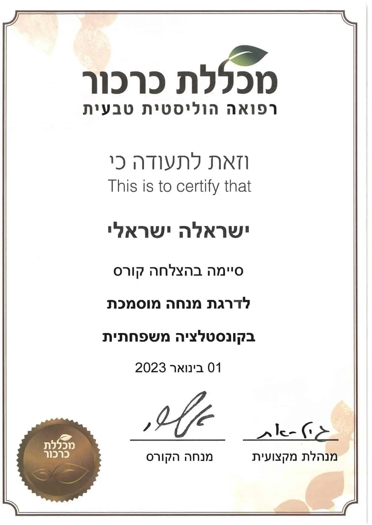 תעודת סיום הנחיה מוסמכת קורס קונסטלציה משפחתית